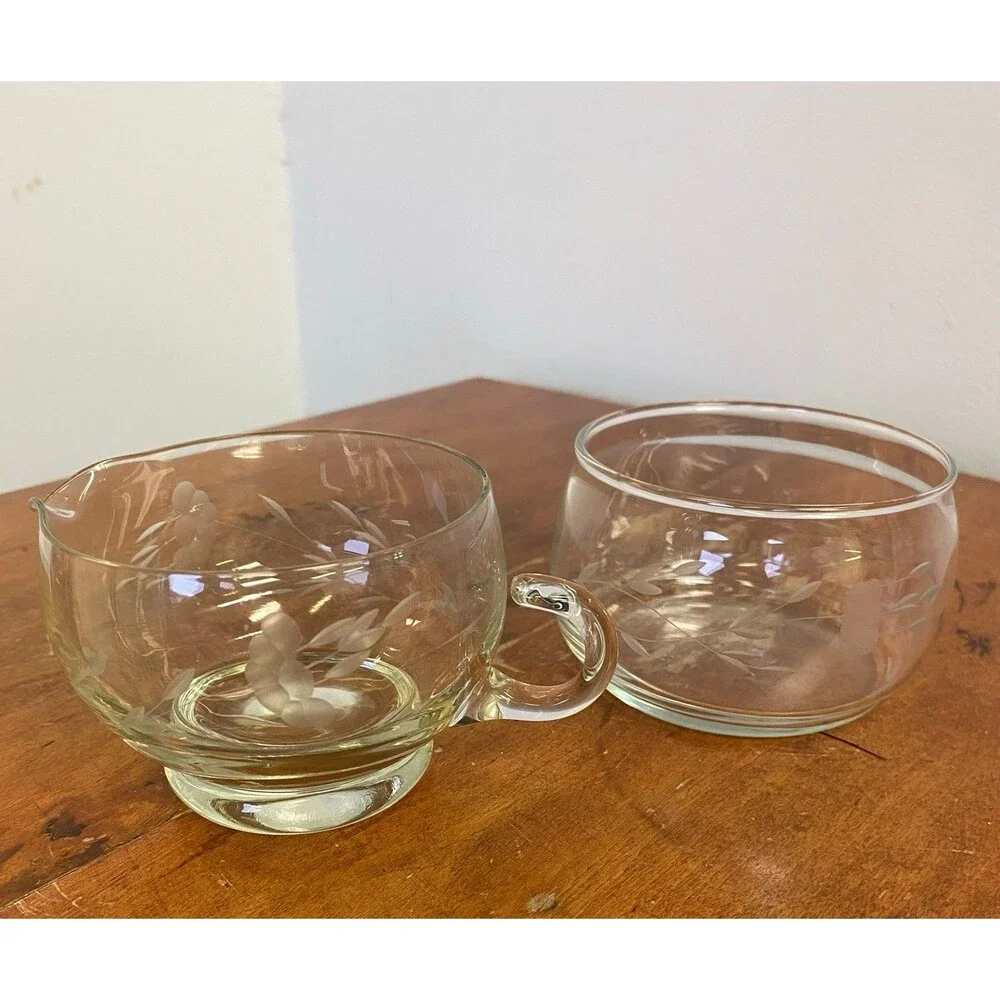 Vtg Princess House Crystal Heritage Open Sugar Bowl & Creamer Etched Floral